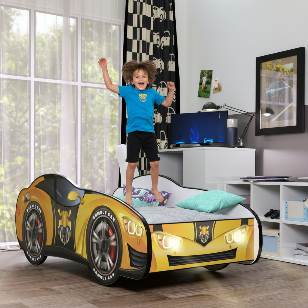 Bambino salta felice letto Robot Transformer giallo LED gioco