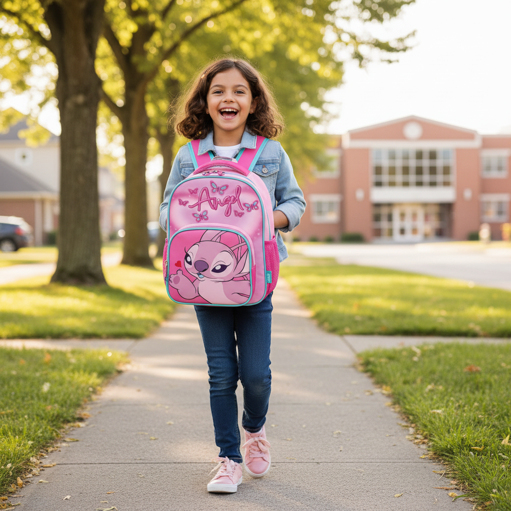 Bambina con zaino trolley Lilo & Stitch Angel camminando verso scuola