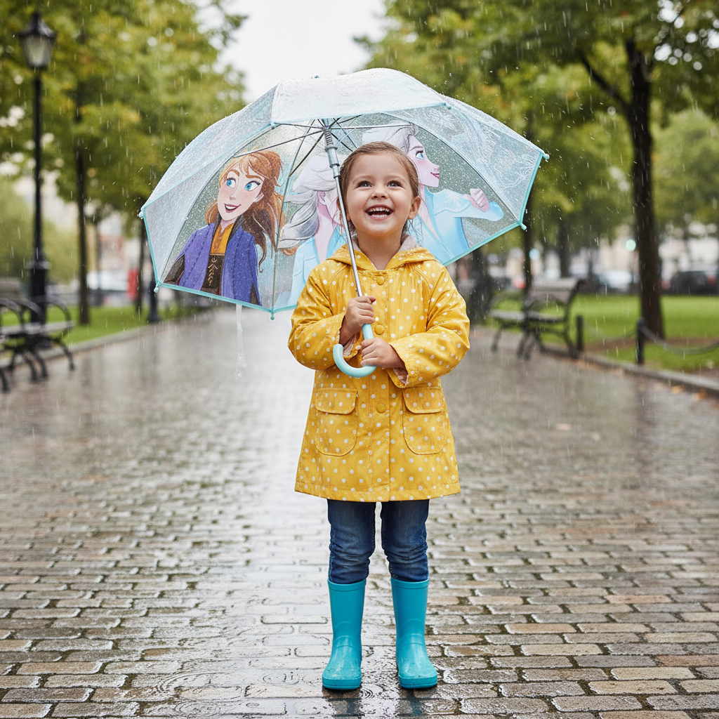 Bambina sorridente tiene ombrello Frozen trasparente con Anna ed Elsa