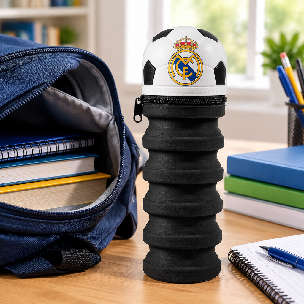 Astuccio allungabile nero Real Madrid vicino a uno zaino scolastico