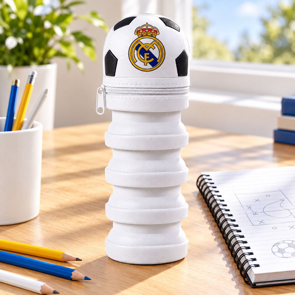 Astuccio bianco Real Madrid allungabile accanto a un quaderno e penne