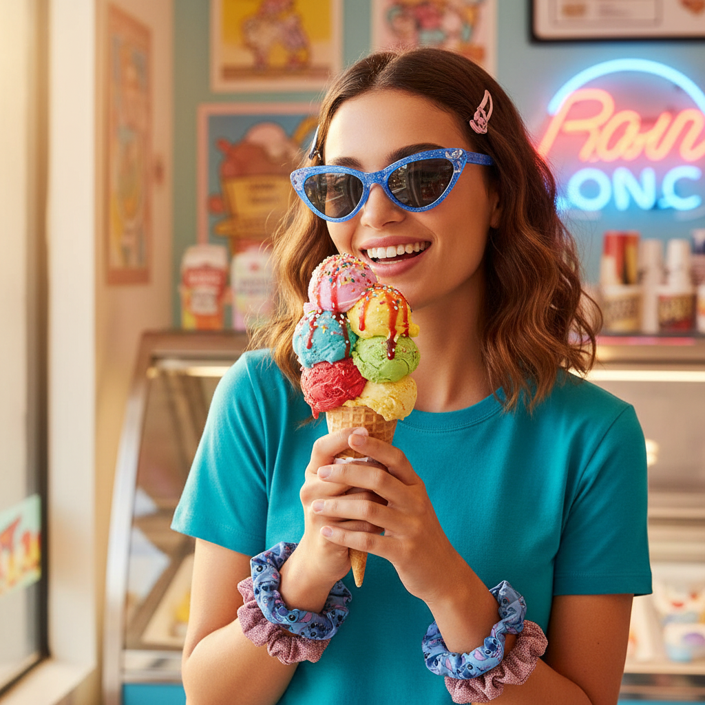 Bambina in gelateria con set bellezza Stitch