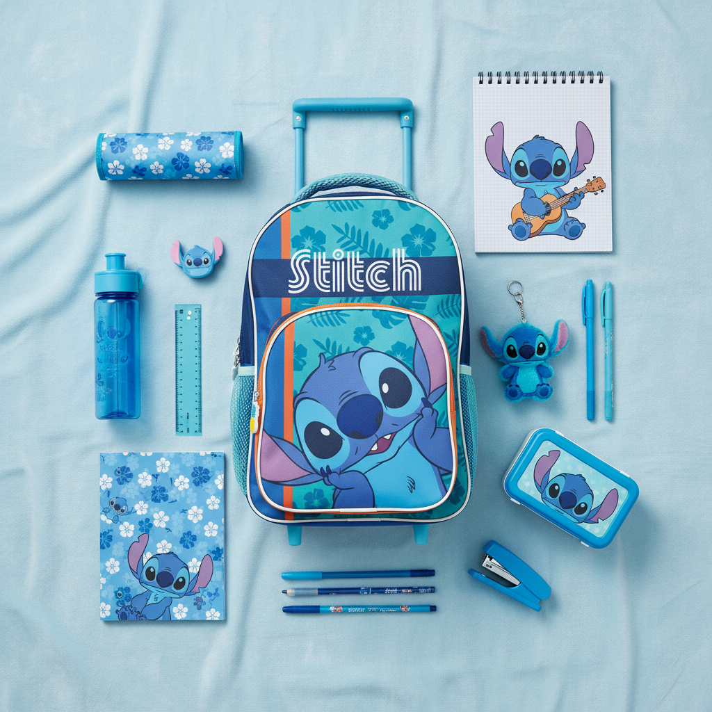 Trolley Stitch Lilo & Stitch con accessori scuola su sfondo blu
