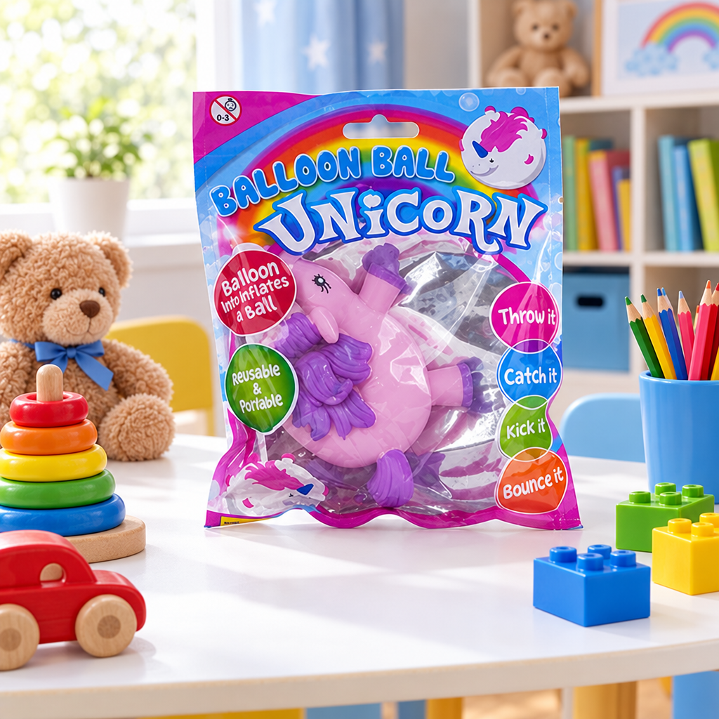 Palloncino gonfiabile unicorno viola e rosa con la confezione originale su un tavolo da gioco