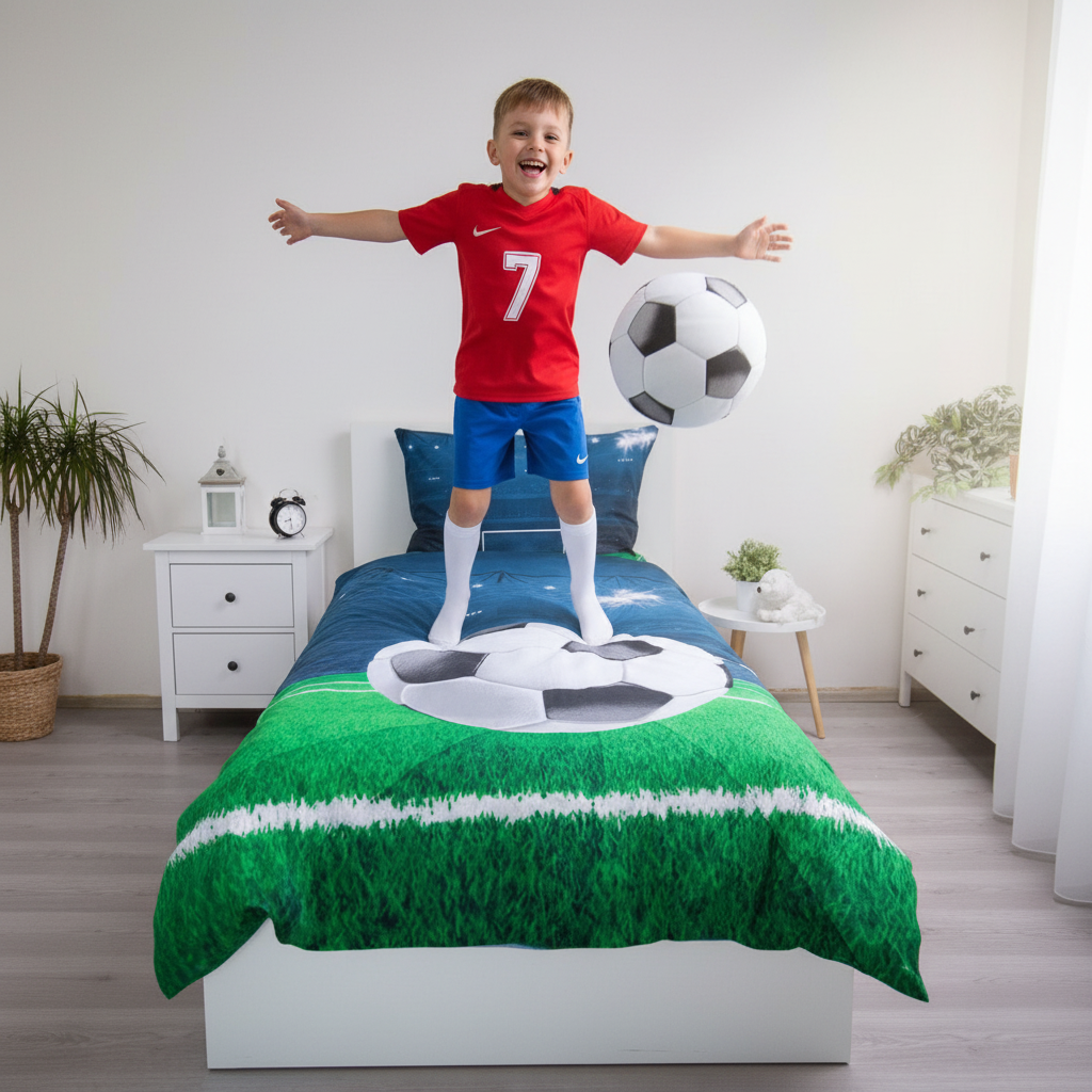 Bambino felice salta sul letto con set calcio doubleface palloni