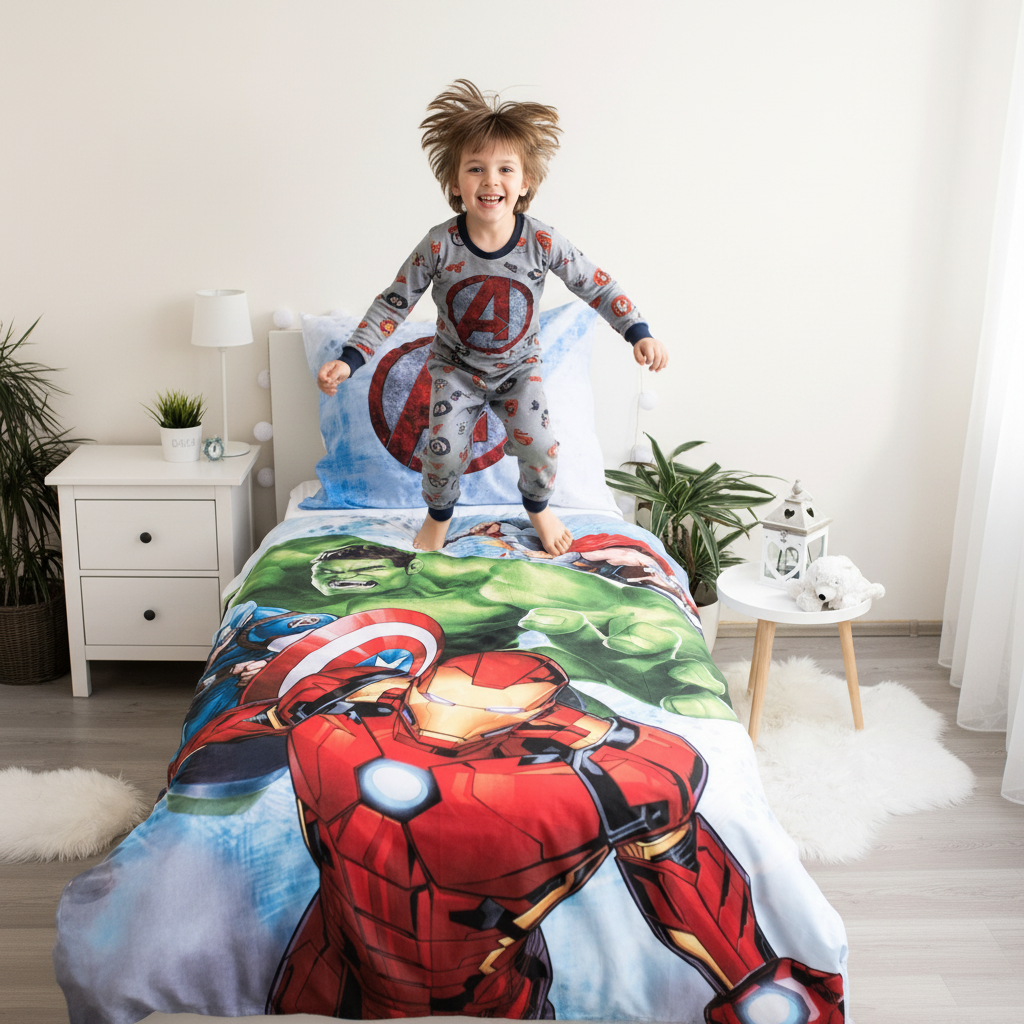 Bambino felice salta sul letto con set Avengers doubleface supereroi Marvel