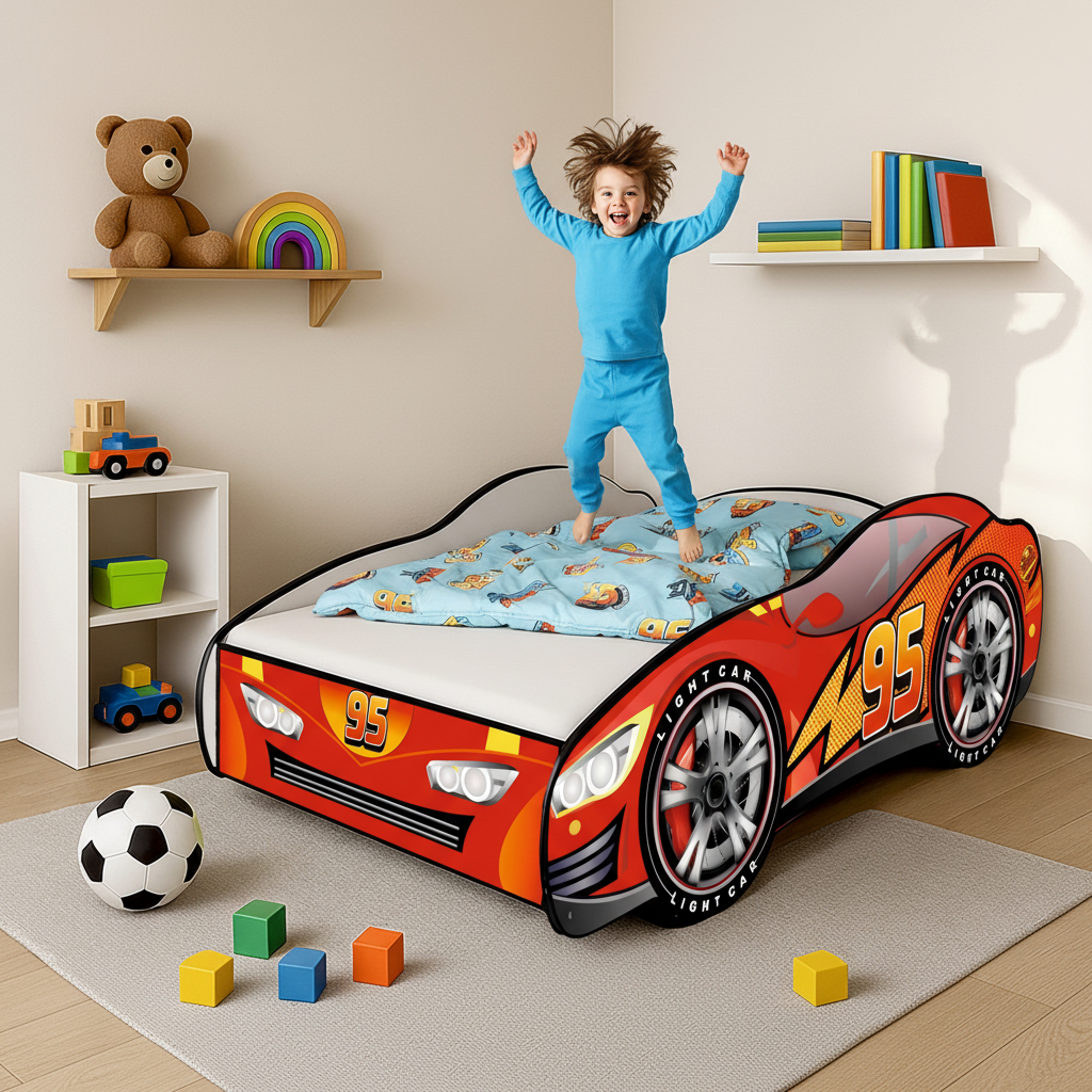 Bambino salta felice letto Cars 95 mensole arcobaleno pallone FOTOREALISTICO