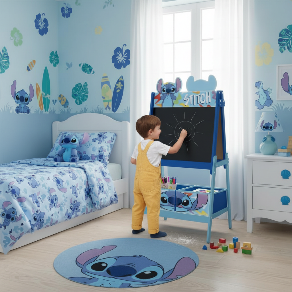 Cameretta bambino con lavagna cavalletto Stitch azzurra doppia faccia