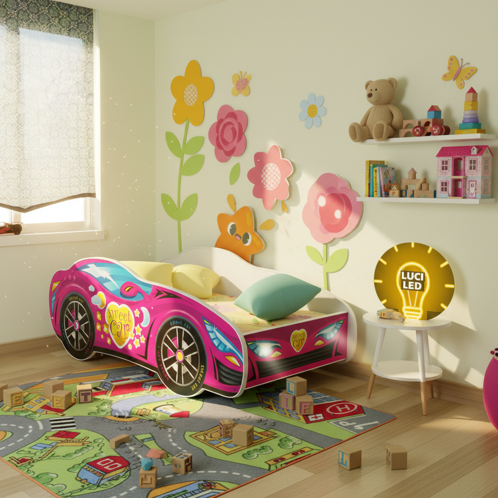 Letto macchina rosa Sweet Car in cameretta moderna con decorazioni