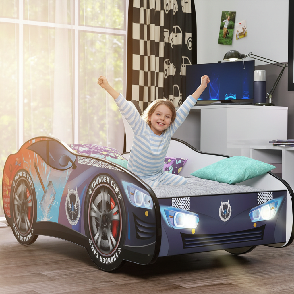 Bambino sveglia felice letto Thunder mattino sole naturale