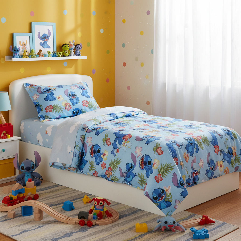 Coprimaterasso Lilo & Stitch in cameretta colorata con giochi e decorazioni