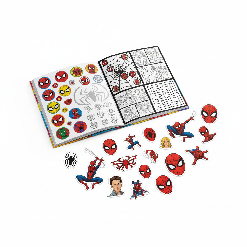 SPSTP PACK Sticker Pad Spiderman vista flat lay con adesivi