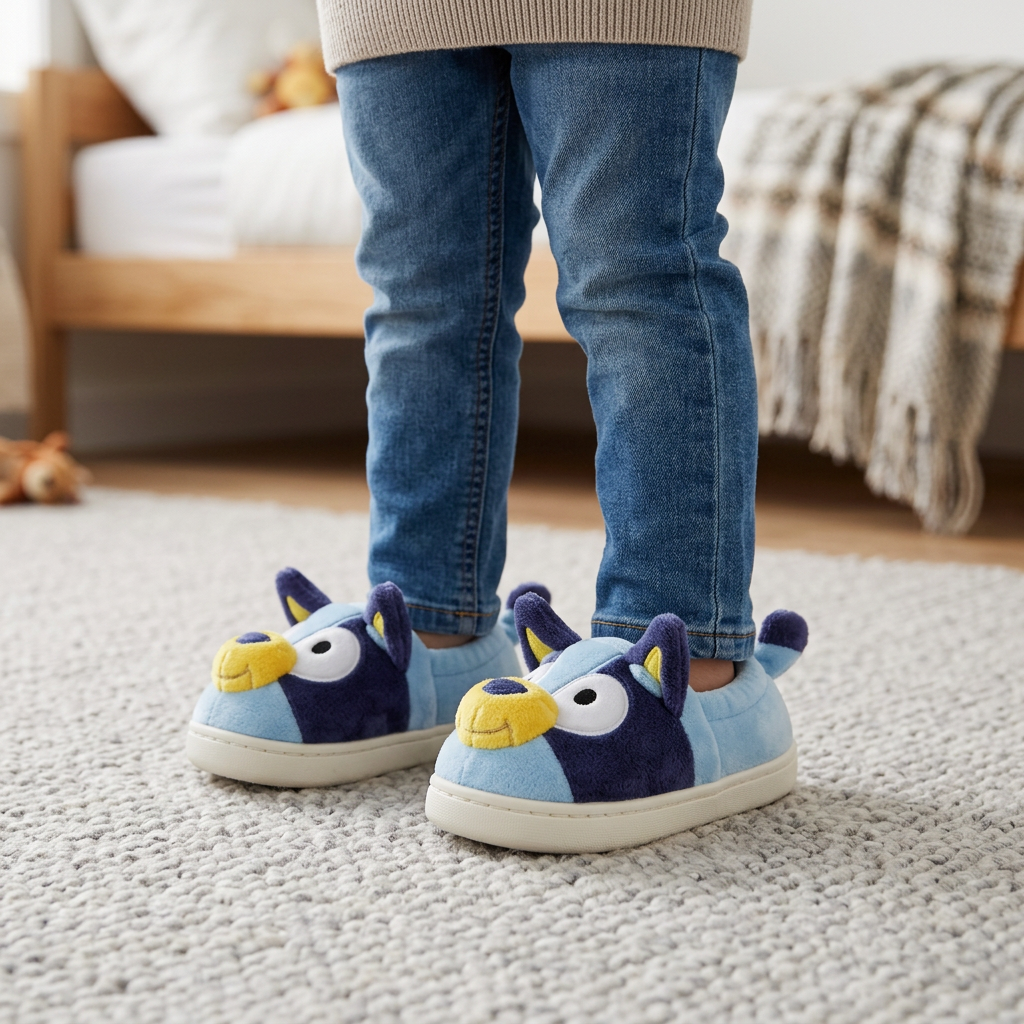 Pantofole Bluey per bambini, scena in cameretta