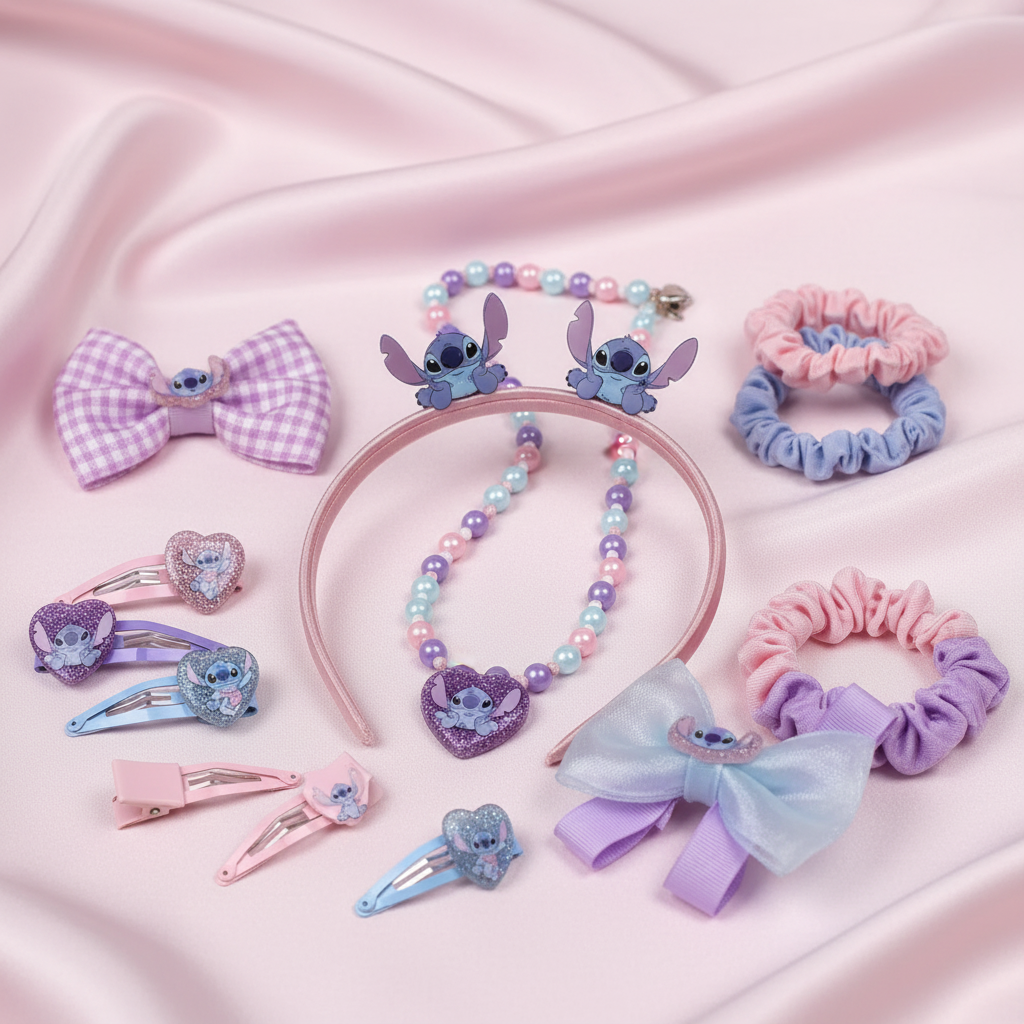 Dettaglio accessori capelli Stitch elastici forcine