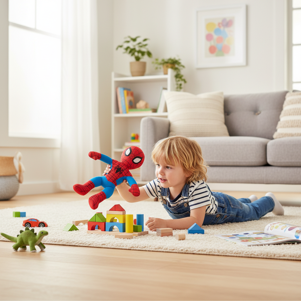 Bambino gioca avventure supereroe con peluche Spiderman