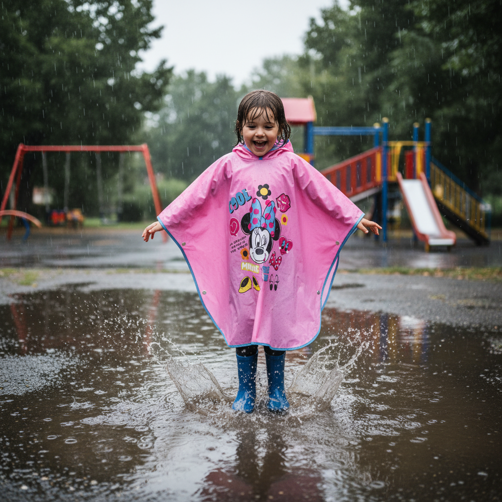 Bambina salta nelle pozzanghere indossando impermeabile Minnie Mouse