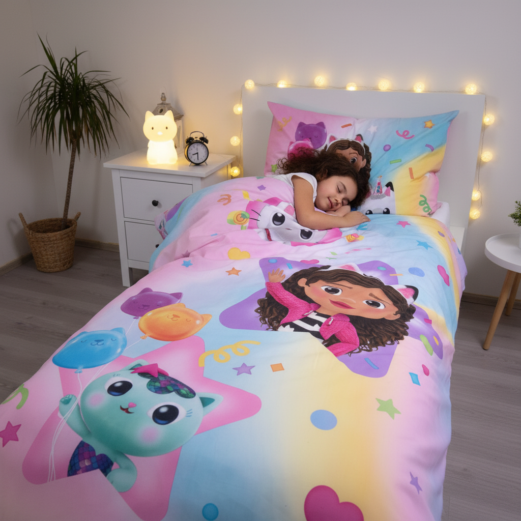 Bambina dorme serenamente con set letto Gabby's Dollhouse rainbow