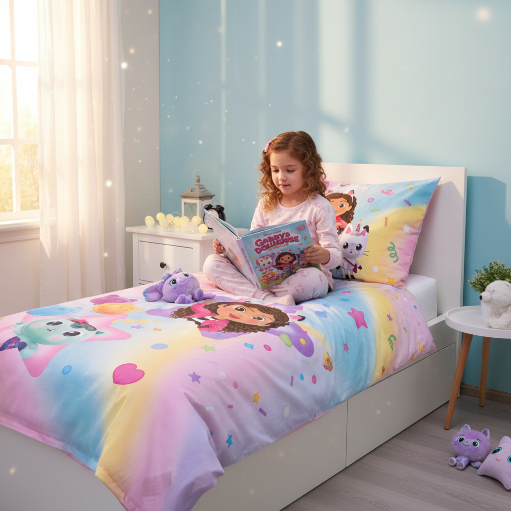 Bambina legge libro Gabby's Dollhouse sul letto doubleface rainbow