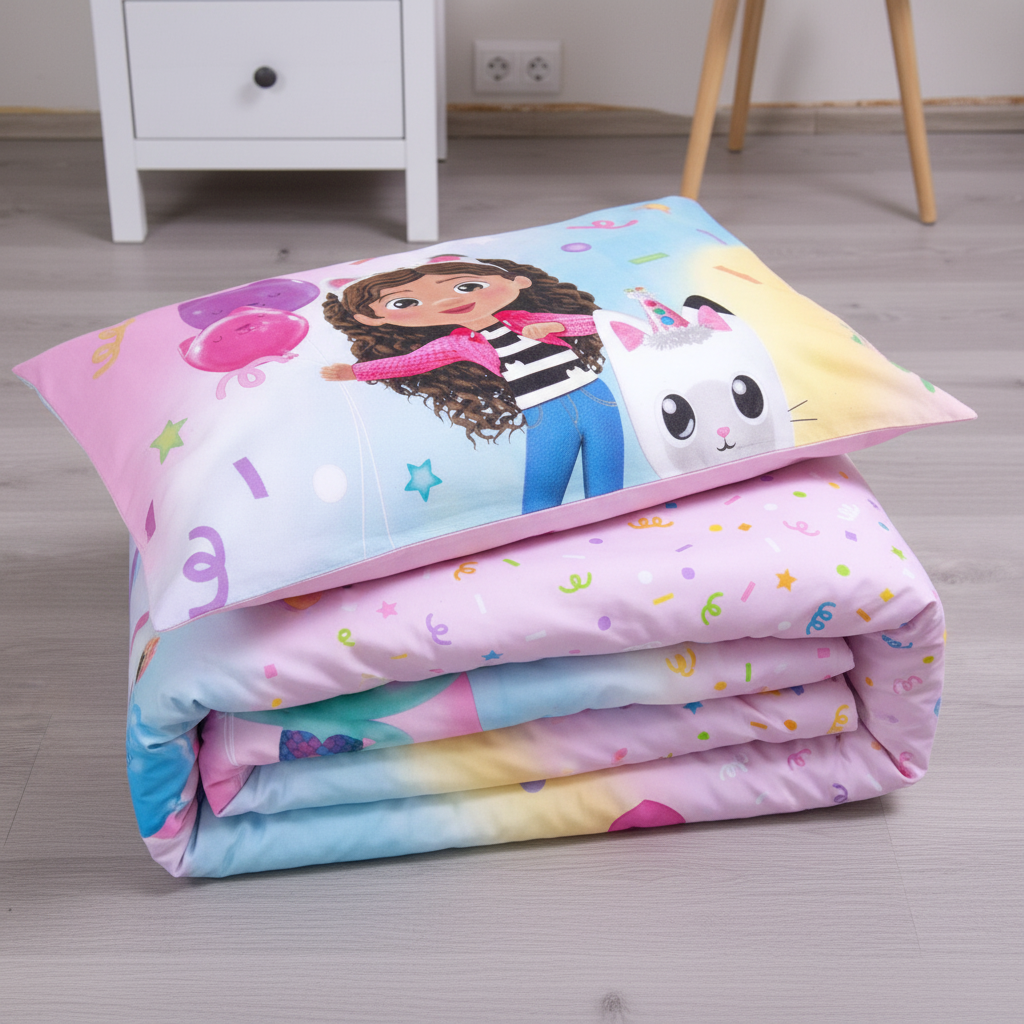 Set letto Gabby's Dollhouse piegato mostrando entrambi i lati rainbow