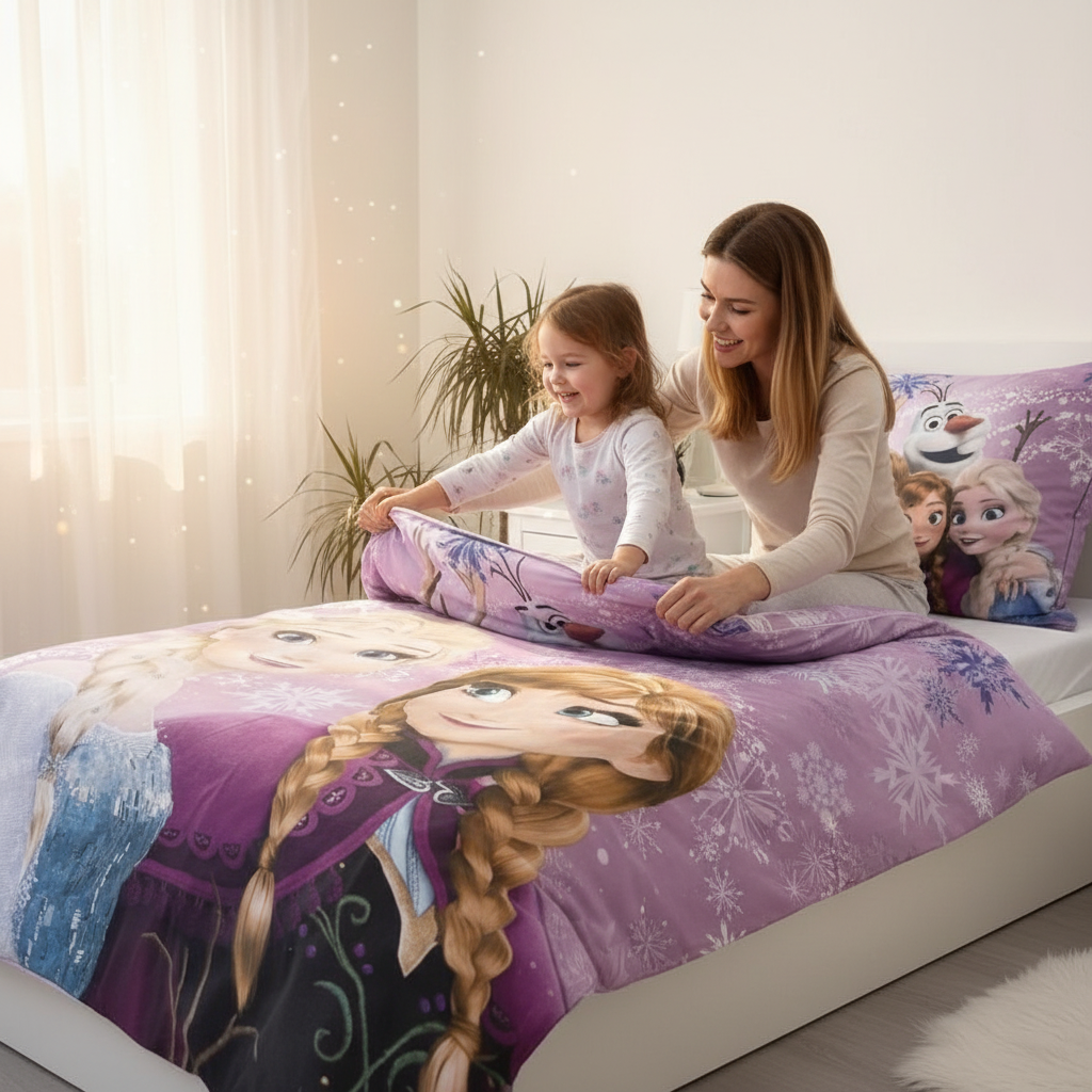 Mamma e bambina sistemano letto con set Frozen doubleface