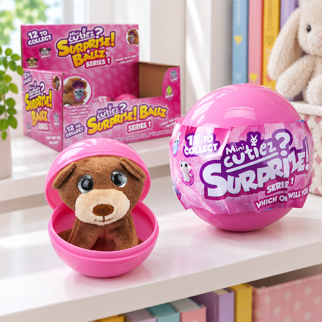 Pallina sorpresa rosa aperta con cucciolo peluche marrone accanto alla confezione
