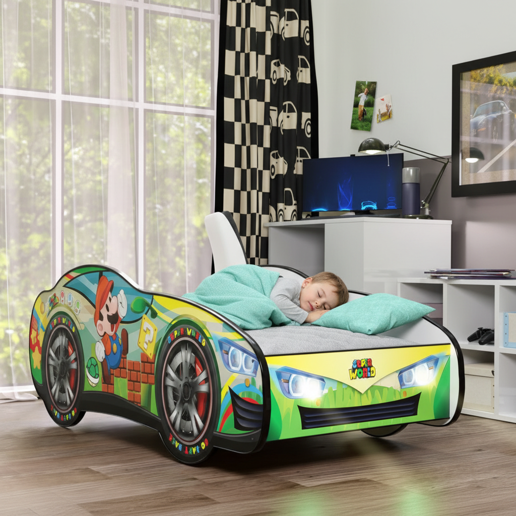 Cameretta bambino con letto auto Super Mario verde LED