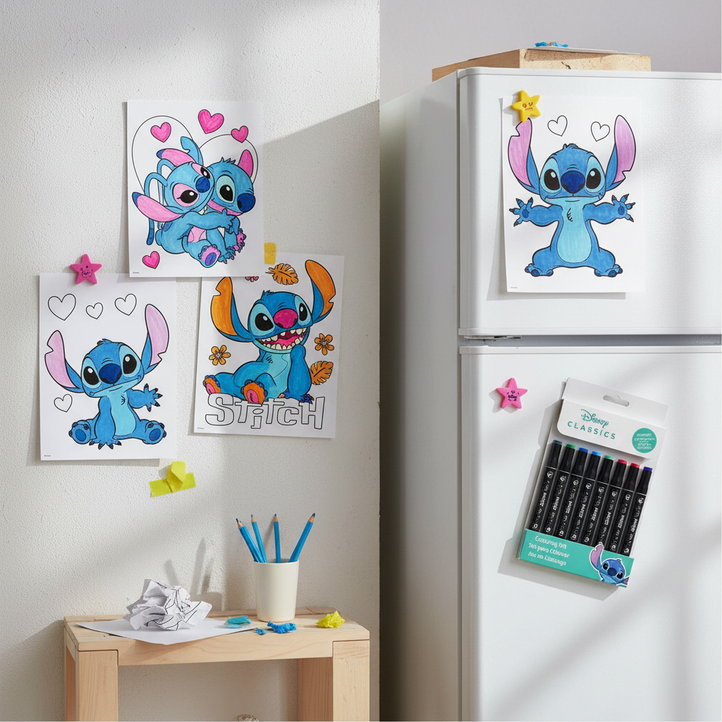 Disegni Stitch colorati esposti su frigorifero