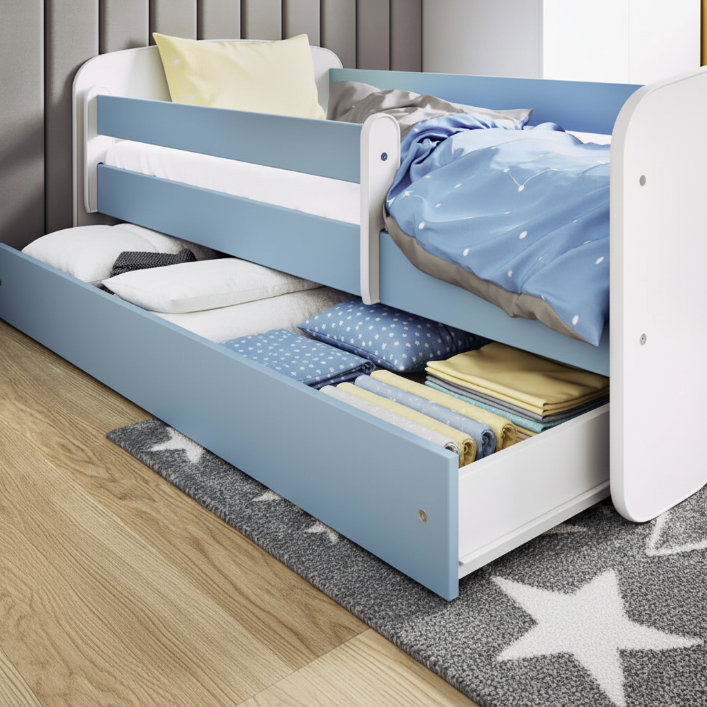 Cassettone azzurro estraibile con rotelle del letto KO11