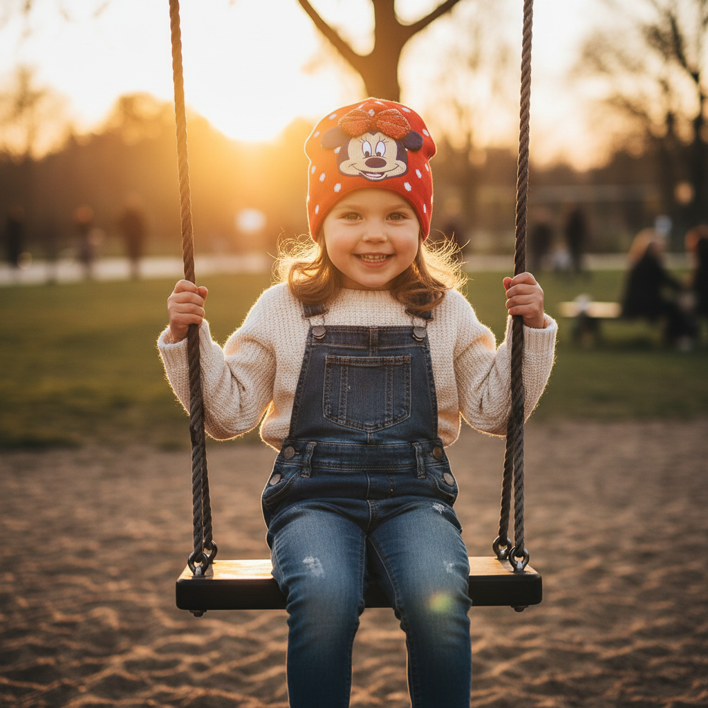 Bambina con cappello Minnie rosso su altalena al parco