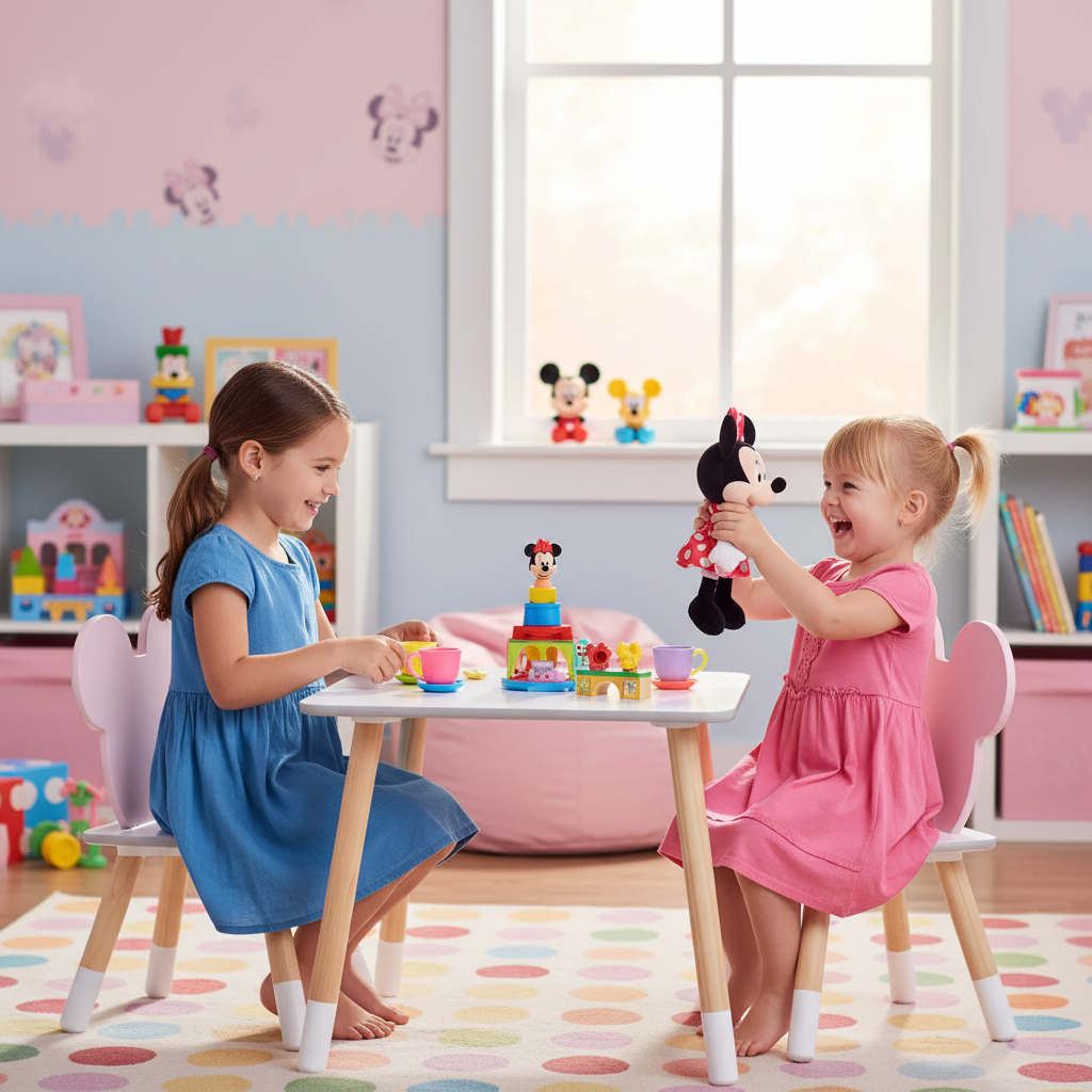 Due sorelle giocano insieme al tavolo Minnie Mouse bianco