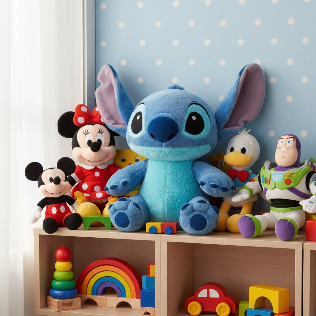 Peluche Stitch su scaffale con altri giocattoli Disney
