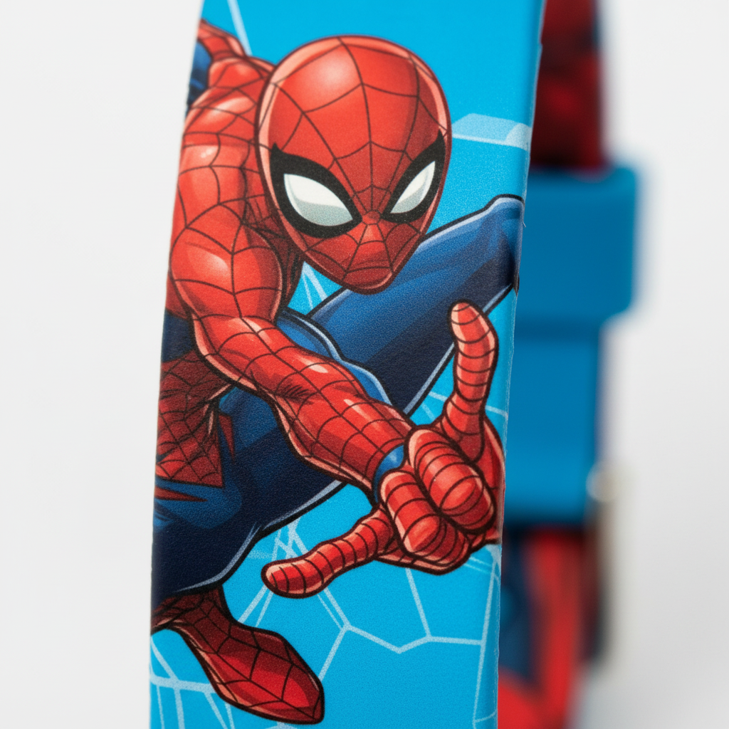 Close-up dettaglio grafica Spiderman sul cinturino orologio