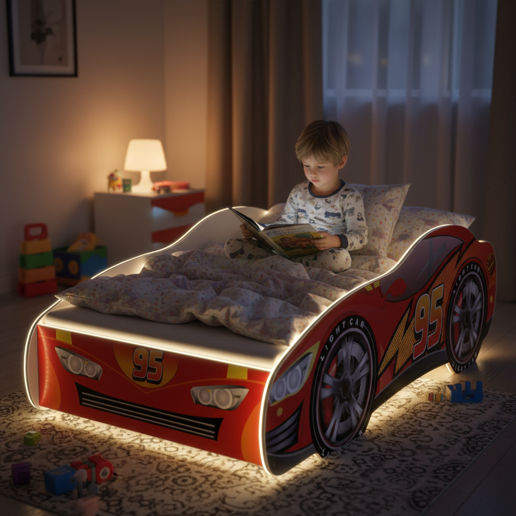 Bambino che legge libro nel letto auto da corsa con LED illuminati