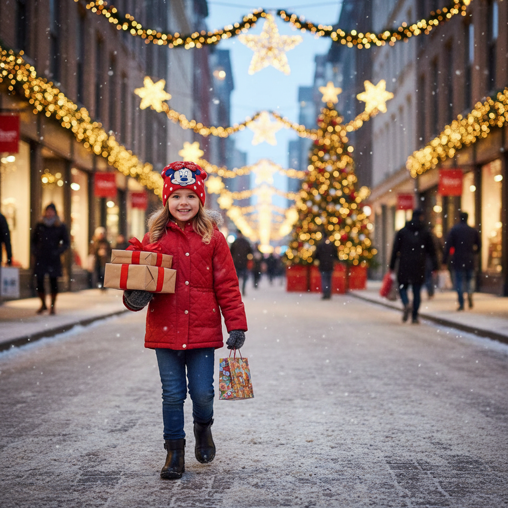 Bambina con cappello Minnie rosso cammina per strada con luci natalizie