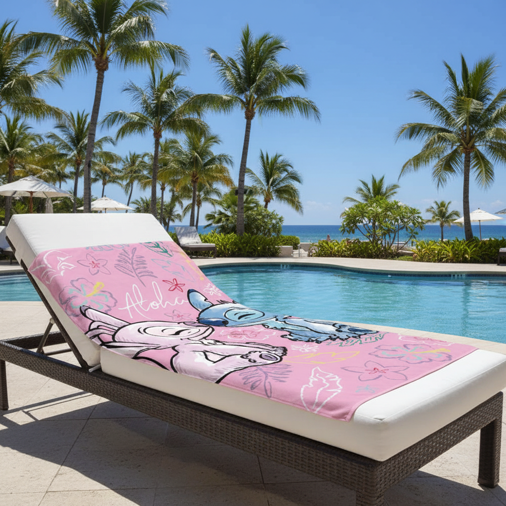 Telo mare Stitch Angel su lettino piscina resort palme HD