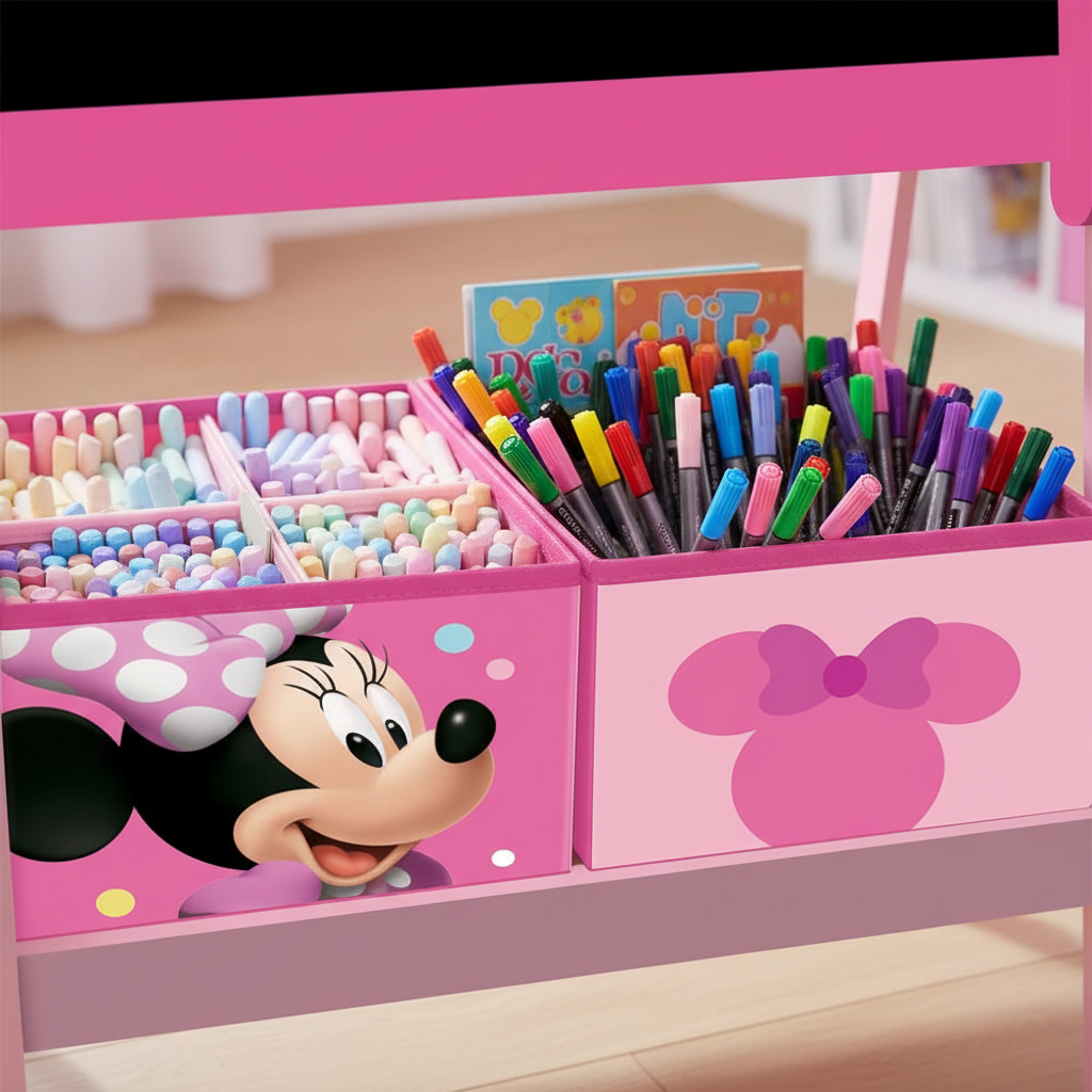 Dettaglio contenitori lavagna Minnie con gessetti e pennarelli