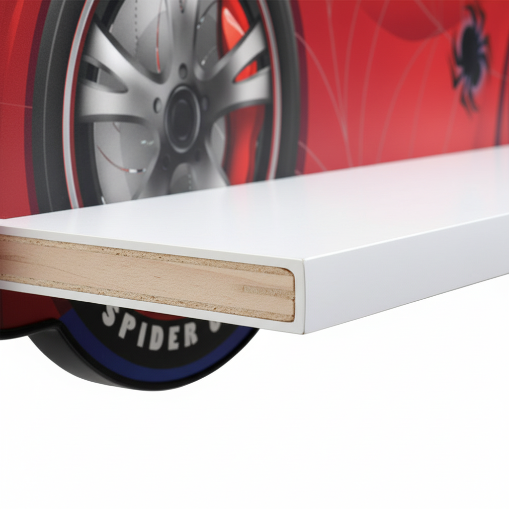 Zoom costruzione legno e finiture mensola Spider-Man