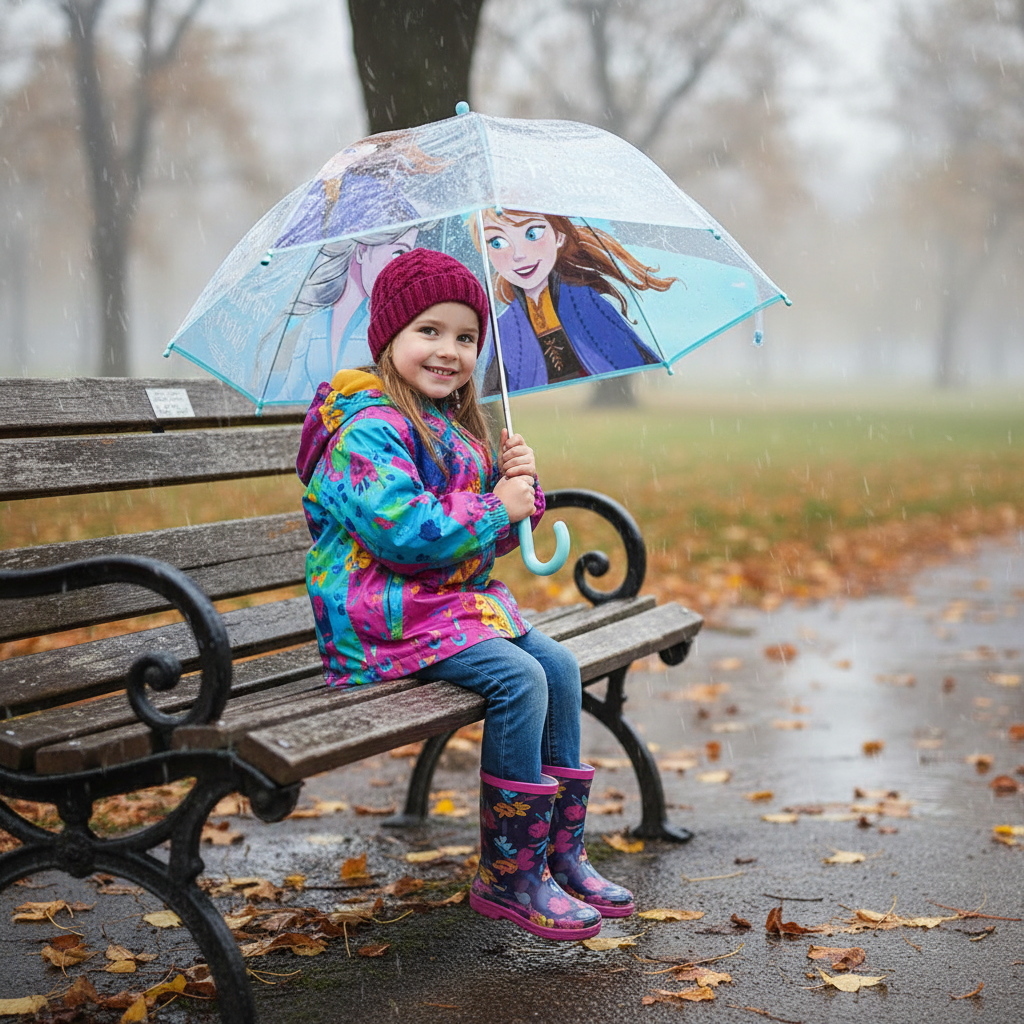 Bambina con ombrello Frozen trasparente seduta su panchina del parco