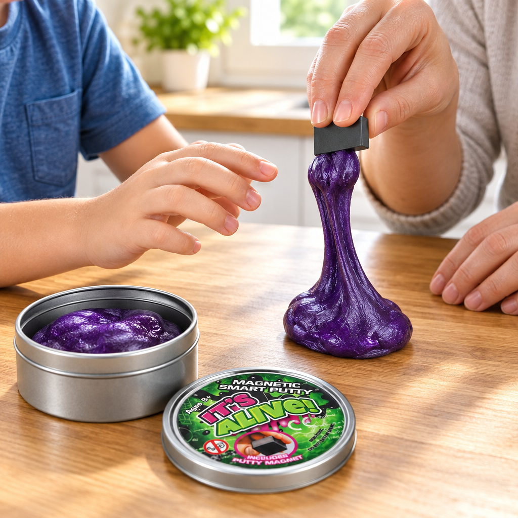 Genitore e bambino che osservano la pasta magnetica viola sul tavolo