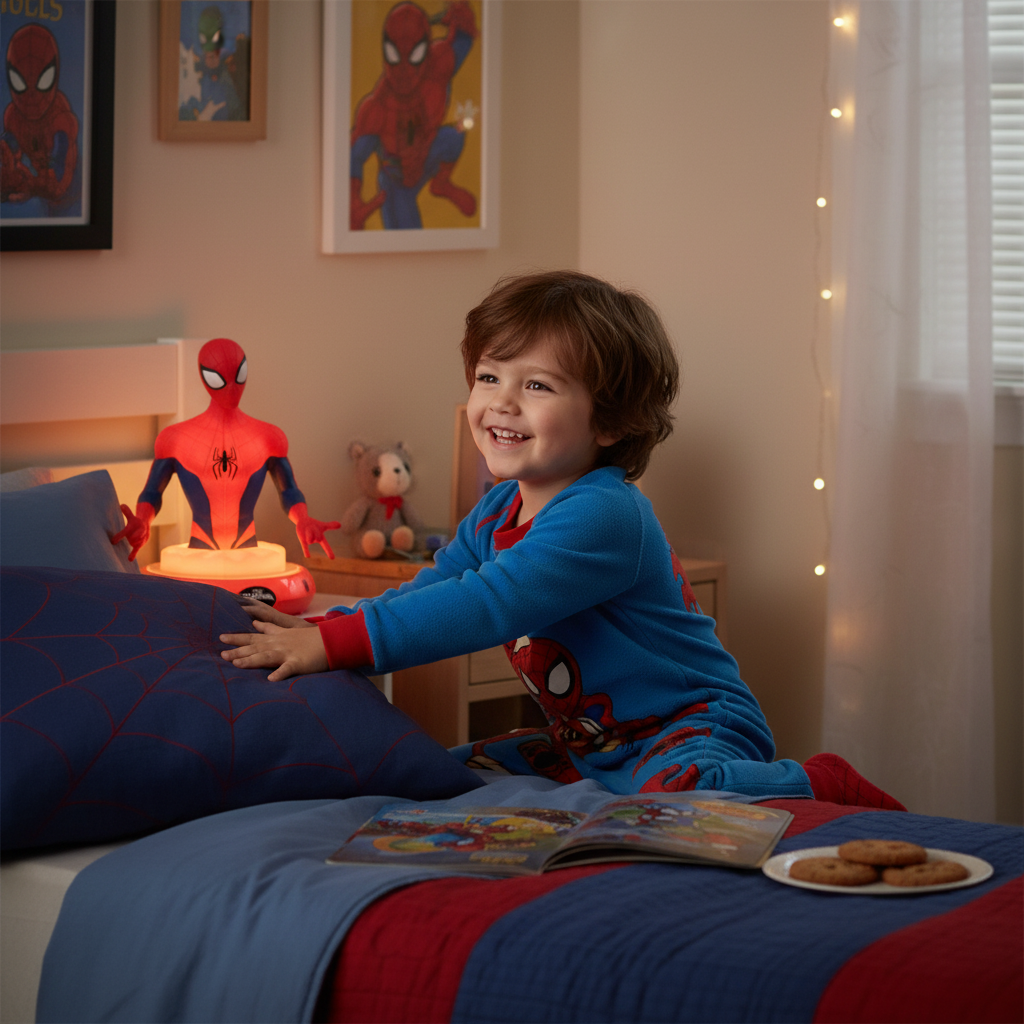 Bambino in cameretta con lampada Spiderman accesa