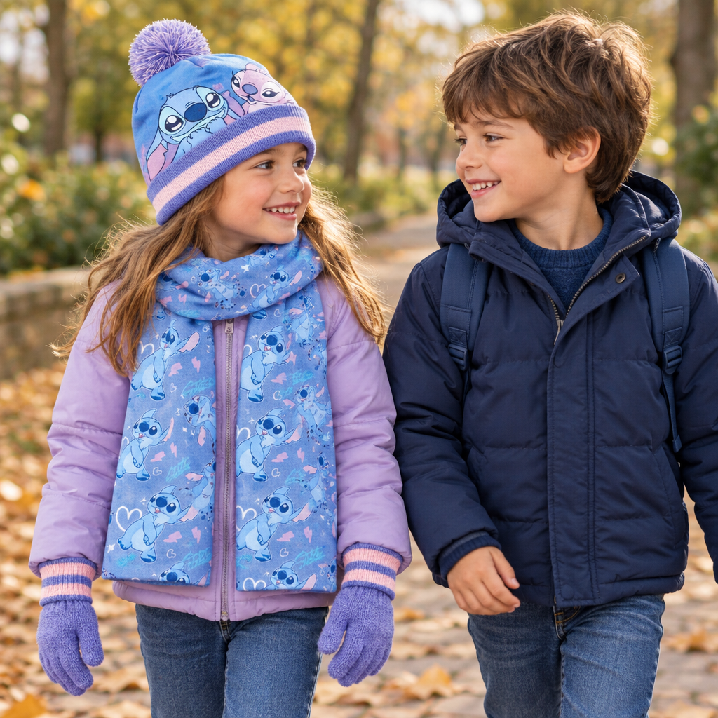 Bambini indossano il cappello Stitch e lo scaldacollo coordinato del set invernale.
