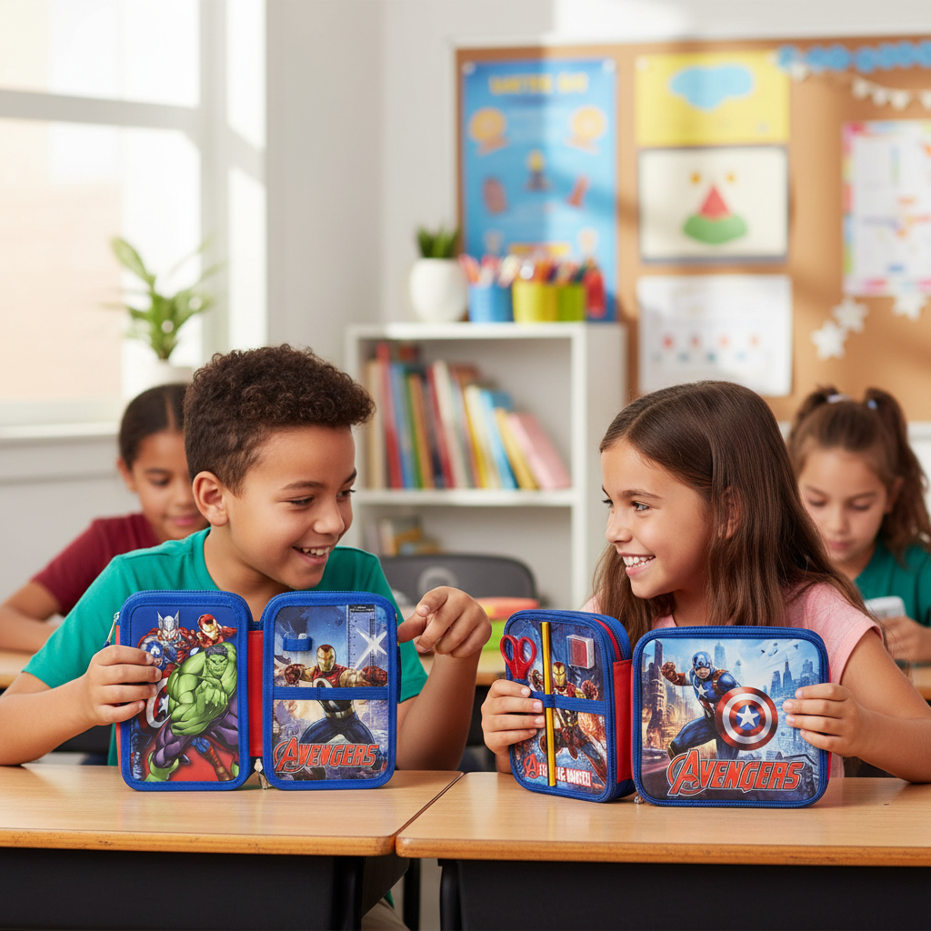 Due bambini con astuccio Avengers
