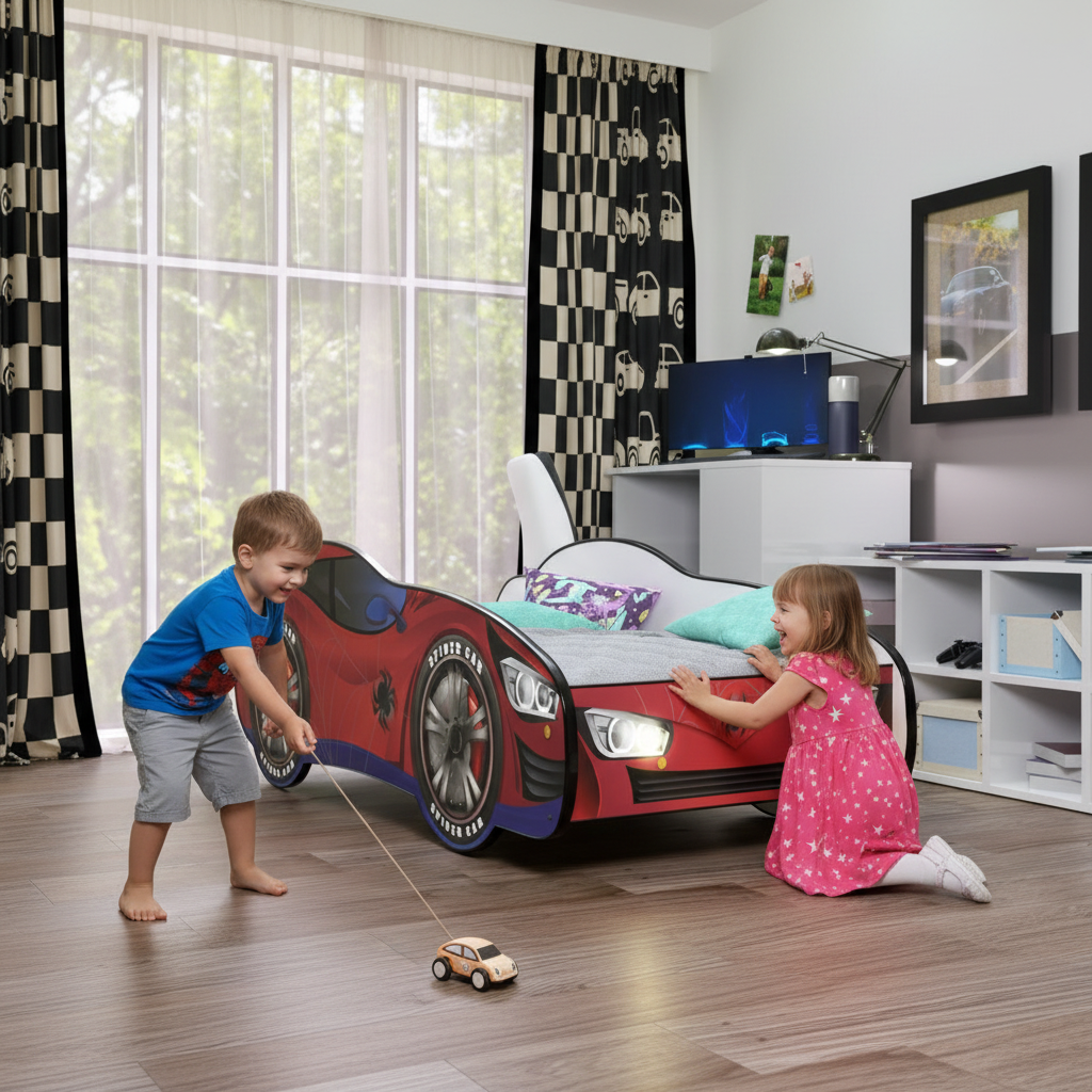 Due bambini giocano letto Spider-Man LED fratelli condividono FULL HD