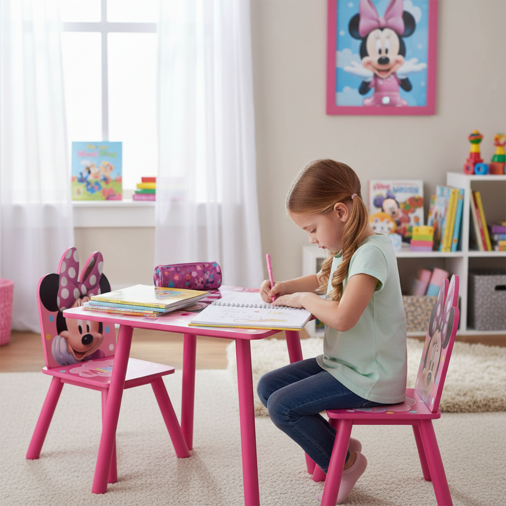 Bambina fa compiti seduta al tavolo Minnie Mouse