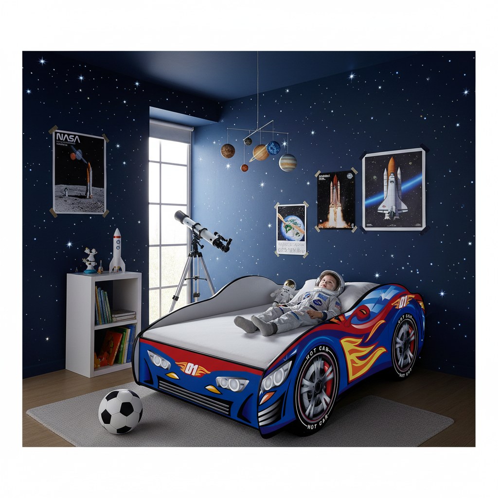 Letto Hotrace 01 cameretta spaziale stelle pianeti telescopio NASA FOTOREALISTICO