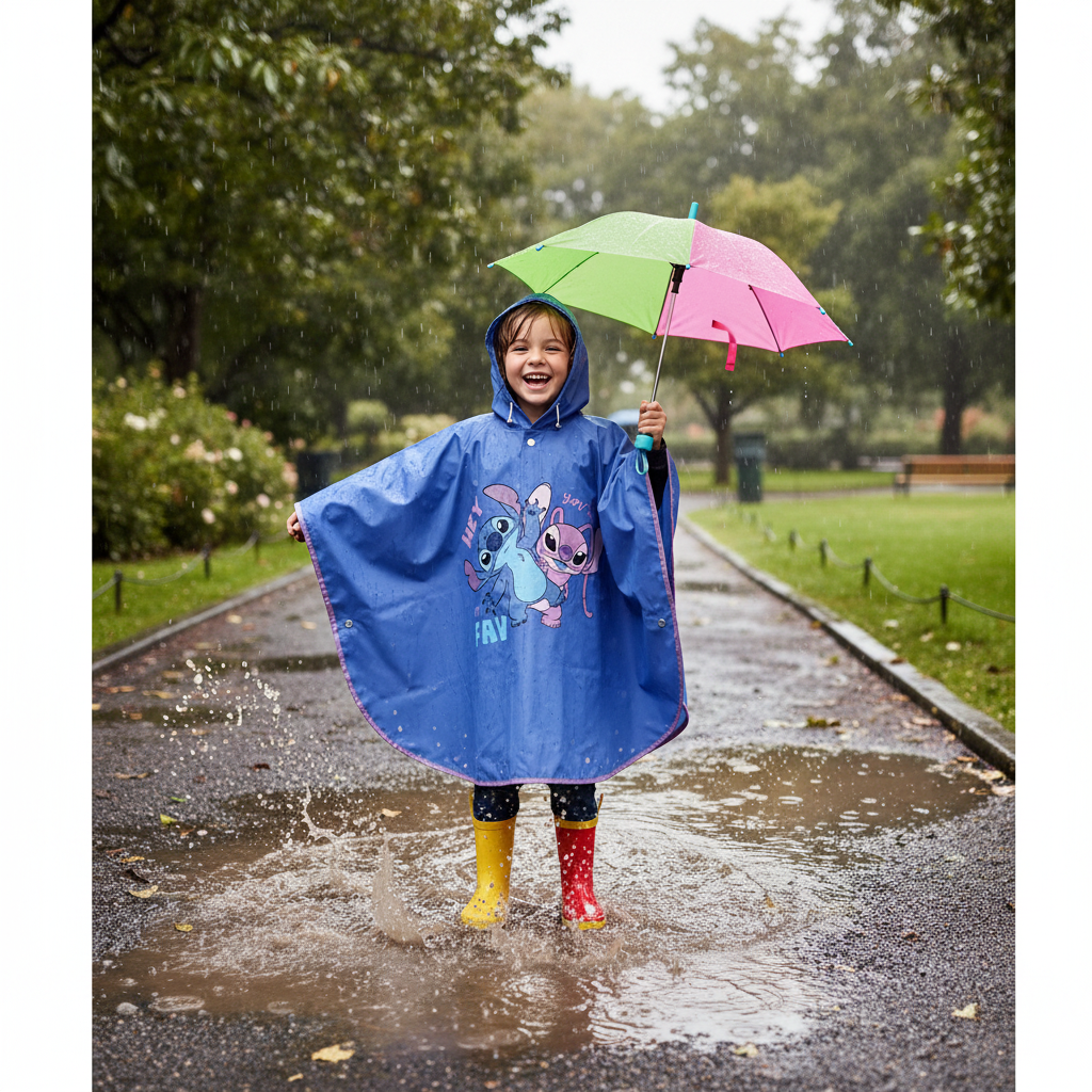 Bambino con mantellina Lilo & Stitch che gioca sotto la pioggia HD