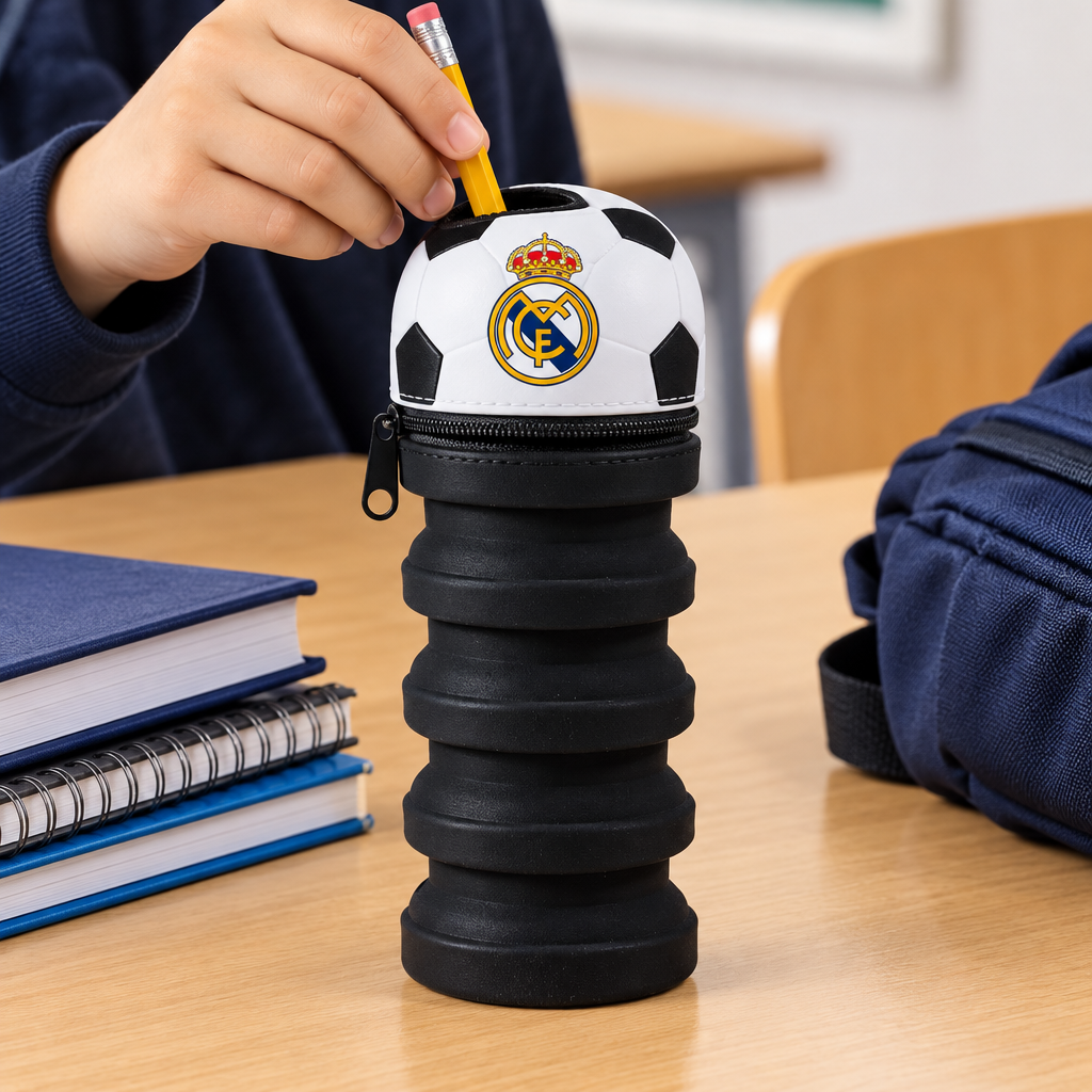 Mano che ripone una matita nell'astuccio nero allungabile Real Madrid