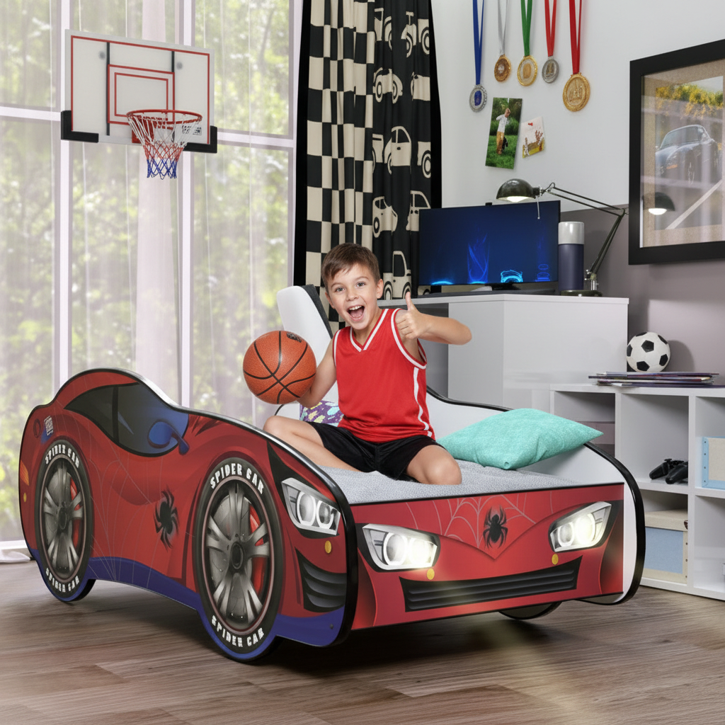 Letto Spider-Man LED cameretta sportiva basket calcio medaglie