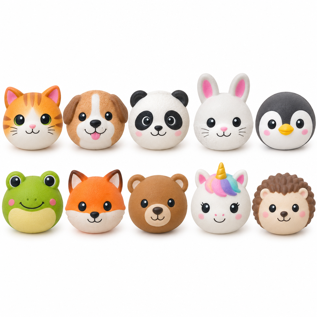 Assortimento di dieci Squishy Pets Face da 10 cm con musetti animali colorati