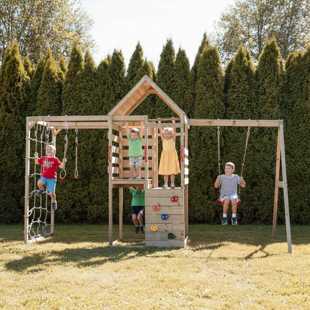 Bambini su rete arrampicata e monkey bars - modulo palestra